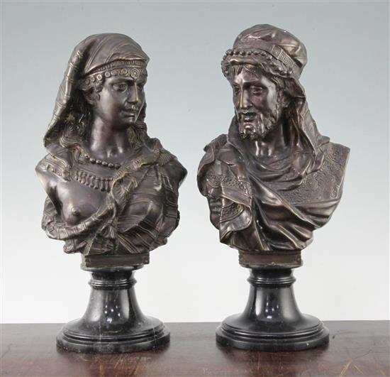A pair of 20th century bronzed metal busts of male and female Arabs, 13in.